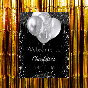 Välkomna ballonger i Sverige 16 svarta silver glit Poster