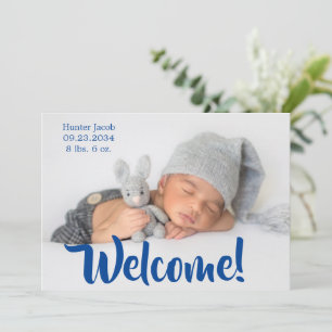 Välkomna blått fotoskript Personalize Boy Birth Meddelande