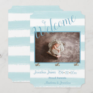 Välkomna blått fotoskript Personalize Boy Birth Meddelande