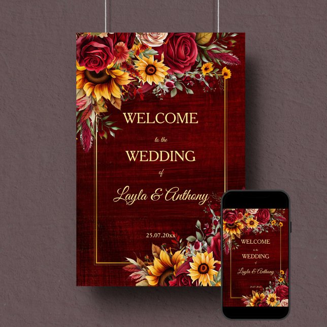 Välkomna blommor från blommor i ro poster (Fall wedding burgundy roses sunflowers welcome sign poster template instant download wedding decor)