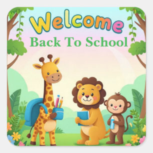 Välkomna Cute Jungle Animals School Fyrkantigt Klistermärke
