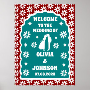Välkomna Daisyn Red Retro Boho, fetstilt Mörk Poster