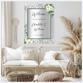välkomna de vita blommigtarna bröllop silver poster