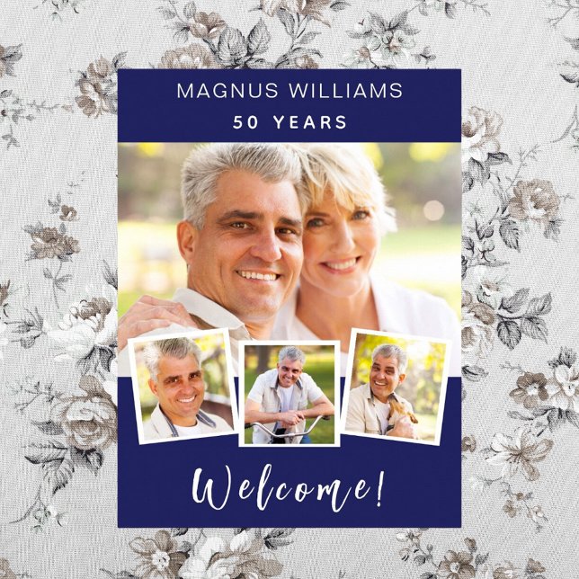 Välkomna födelsedagsfest för marin blå fotokollage poster (Skapare uppladdad)