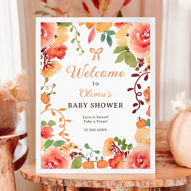 Välkomna för blommigt-babyduschen i Fall Boho-pump Poster (Fall Boho pumpkin floral baby shower welcome Poster)