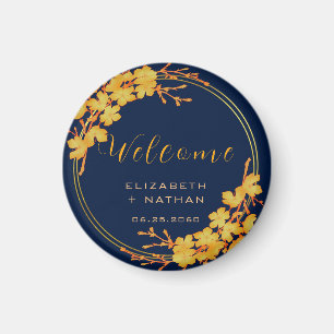 Välkomna för Blommigten Classy Guld, flottan Blue  Magnet