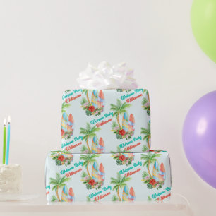 Välkomna för surfande tropiska baby på babydusch presentpapper