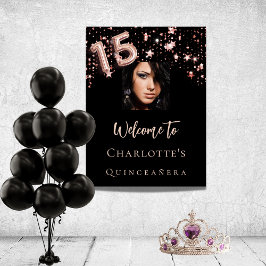 Välkomna fotstjärnor i Quinceanera Black ro guld Poster