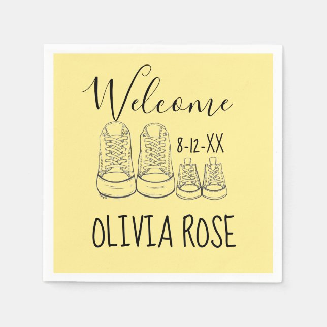 VÄLKOMNA Gulten för nyanlända Baby-skor Pappersservett (Framsidan)