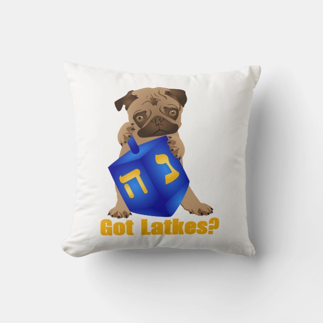 Välkomna Har Latkes? Hankukah Pug Puppy & Dreidel Kudde (Framsida)
