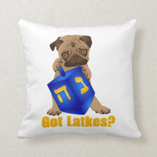 Välkomna Har Latkes? Hankukah Pug Puppy & Dreidel Kudde
