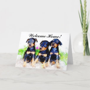 Välkomna hem Doberman Puppies-hälsningskort Kort