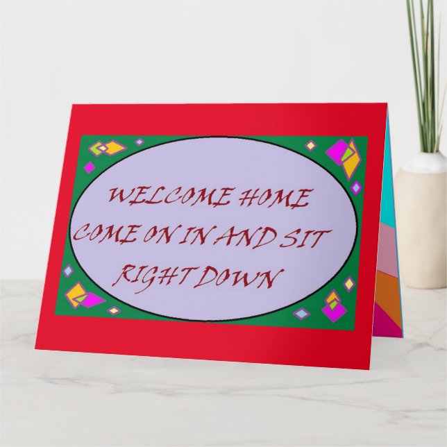 Välkomna hem-hälsning konsdesign - röd lila kort (Framsida)
