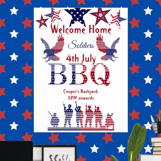 Välkomna hem Soldiers 4:e juli BBQ Flies Eagles Poster (Welcome Home Soldiers 4th July BBQ Flying Eagles Poster)