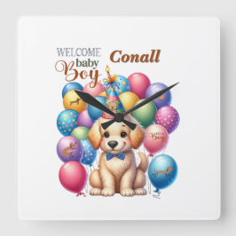 Välkomna Hund- och ballongdesign för valpen Pojke Fyrkantig Klocka