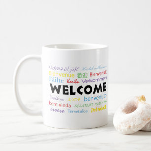 Välkomna många språk vit färg kaffemugg