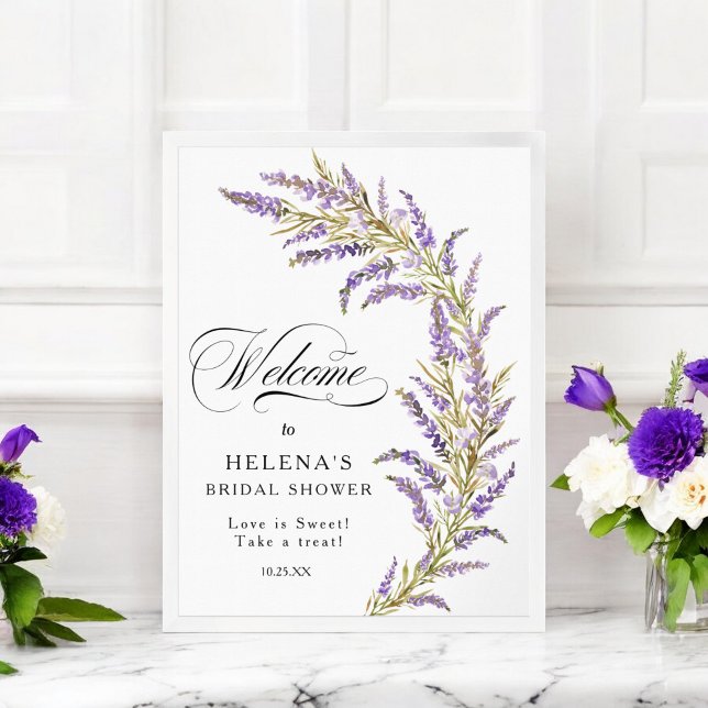 Välkomna möhippa för vattenfärg i lavender-blommig poster (Lavender floral watercolor bridal shower welcome poster)