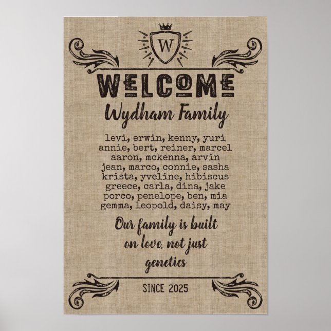 Välkomna Monogram Rustic Logotyp Typography Burlap Poster (Framsidan)