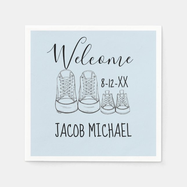 VÄLKOMNA Nya ankomsten Baby Shower Boy Blue Pappersservett (Framsidan)