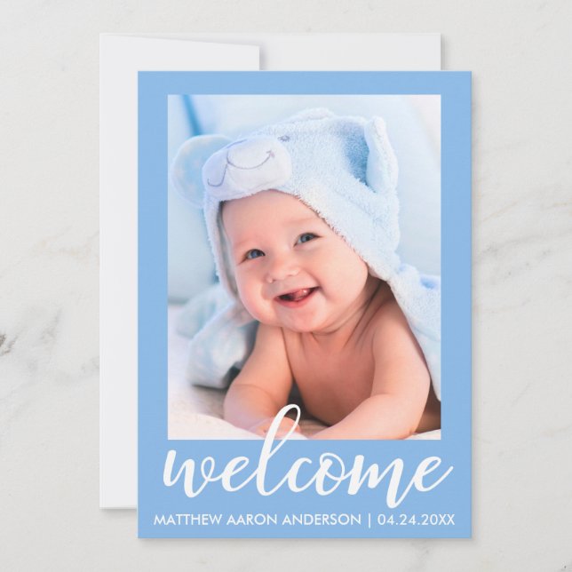 Välkomna Nyfödd bebis Modern Announement Blue Meddelande (Framsida)