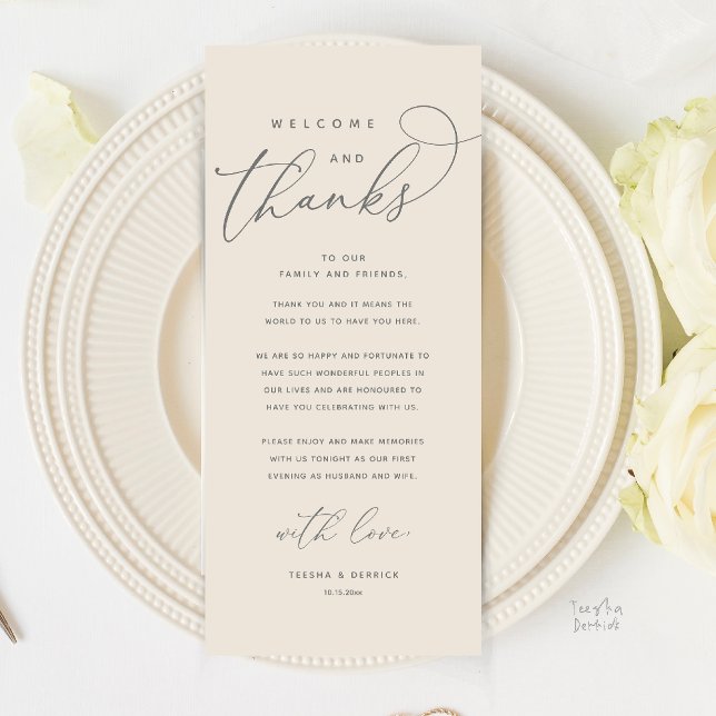 Välkomna och tack, Modern middag tackkort Program (Welcome and Thanks, Modern Dinner Wedding Boho Reception Thank You Card in Cream Grey)