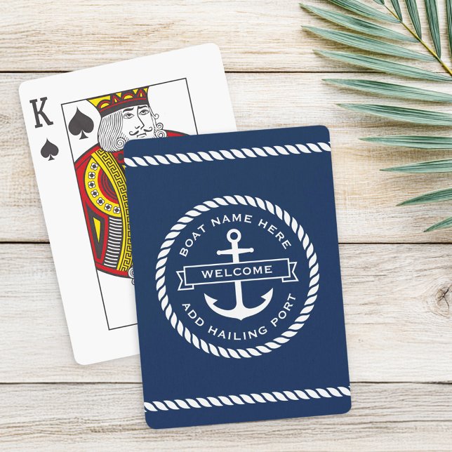 Välkomna ombord på båtens namn nautiskt frakt casinokort (Welcome aboard boat name rope nautical ship wheel poker cards)