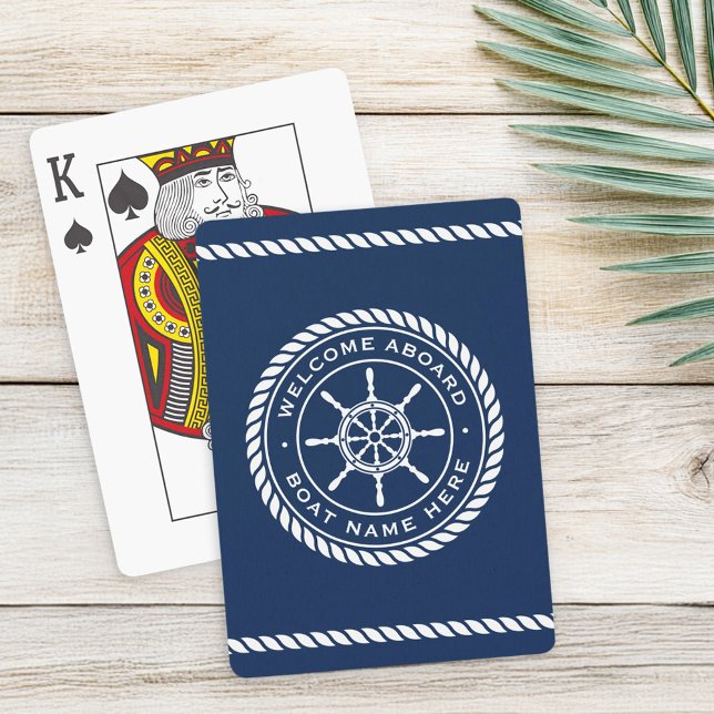 Välkomna ombord på båtens namn nautiskt frakt casinokort (Welcome aboard boat name rope nautical ship wheel poker cards)
