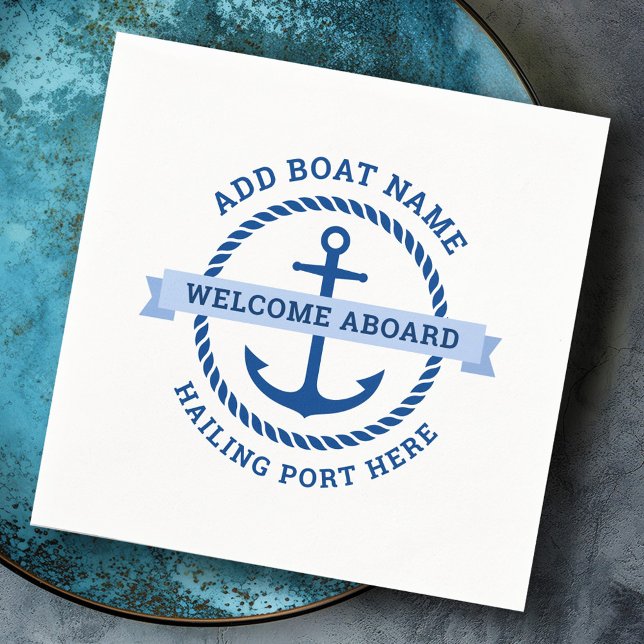 Välkomna ombord på fartyget namn i Anchor och repe Pappersservett (Anchor and rope border boat name welcome aboard napkins)