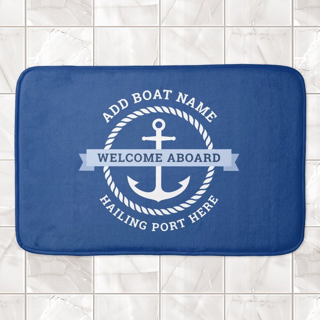 Välkomna ombord på fartyget namn i Anchor-rep-grän Badrumsmatta (Anchor rope border boat name welcome aboard bath mat)