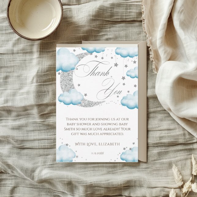 Välkomna över Måne Blue Boy Baby Shower Tack Kort (Skapare uppladdad)