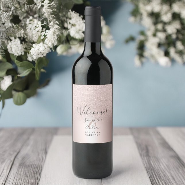 Välkomna över metallfolie från Ro glitter Vinflaska Etikett (Rose gold glitter ombre metallic foil welcome wine label)