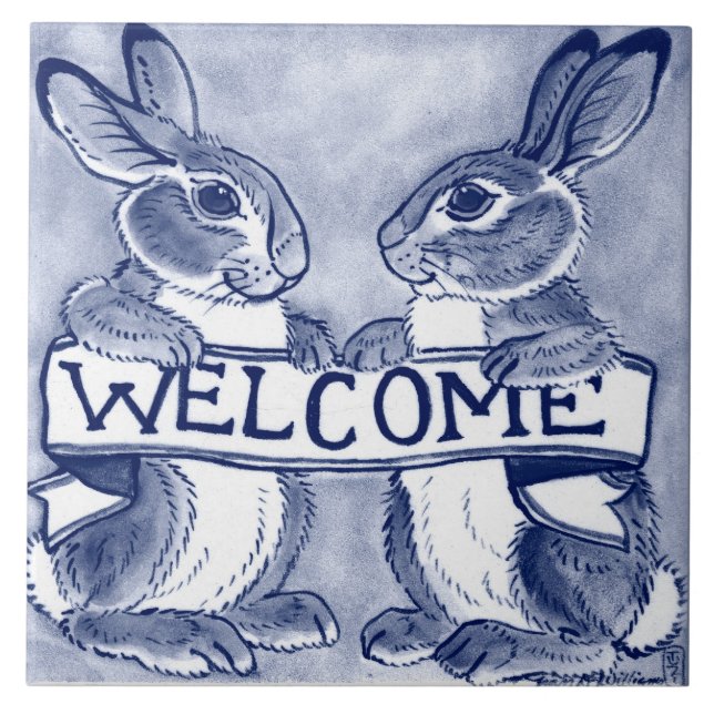 Välkomna Rabbit Bunny Art Cute Blue Trivet Kakelplatta (Framsidan)