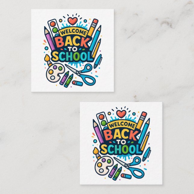 Välkomna Roligt Art Design i Back to school Fyrkantigt Visitkort (Fram/baksida)