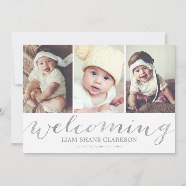 Välkomna Silver 3-foto | Födelsemeddelande Meddelande (Framsida)