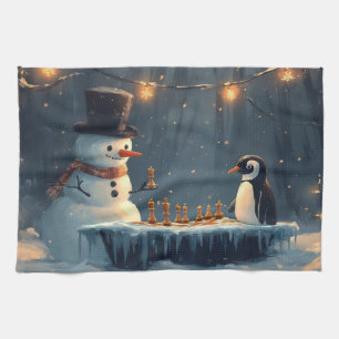 Välkomna Snögubbe och Penguin-spelschess Kökshandduk