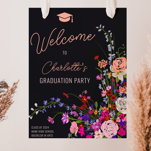 Välkomna studenten i det moderna chicens jokerteck poster (Modern chic wildflower script welcome graduation poster on dark)