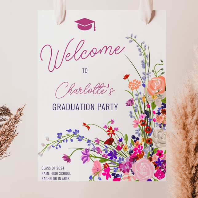 Välkomna studenten i det moderna chicens jokerteck poster (Modern chic wildflower script welcome graduation poster)