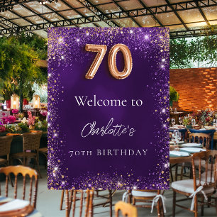 Välkomna till 70-årsdagen för lila glitter-miniaty poster