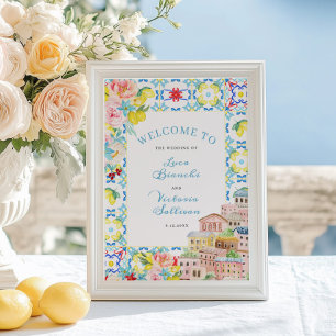 Välkomna till Amalfii Kusten Blue Tiles Italienska Poster