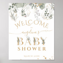 Välkomna till baby i bloom Greenery & Guld Baby Sh Poster