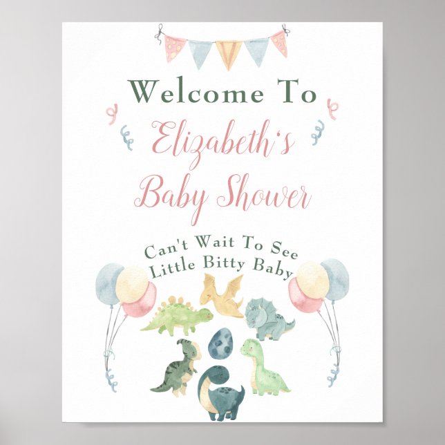 Välkomna till Baby Shower Cute Dinosaur Mamma Namn Poster (Framsidan)