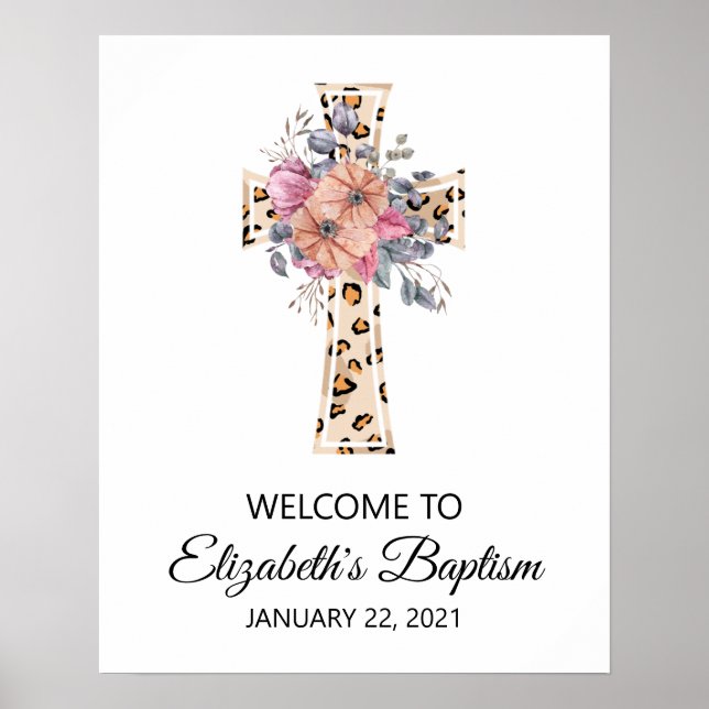 Välkomna till Baptism Watercolor Leopard Blommigt  Poster (Framsidan)