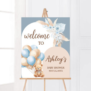 Välkomna till Blue Boho Bear Balloon Baby Shower Poster