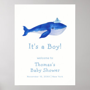 Välkomna till Blue Boy under Sea Whale Baby Shower Poster