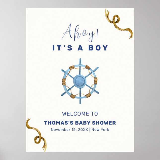 Välkomna till Blue Modern Ahoy Nautical Boy Shower Poster (Framsidan)