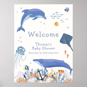 Välkomna till Blue Ocean Dolphin Whale Boy Shower Poster