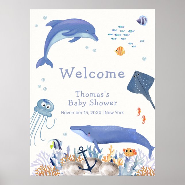 Välkomna till Blue Ocean Dolphin Whale Boy Shower  Poster (Framsidan)