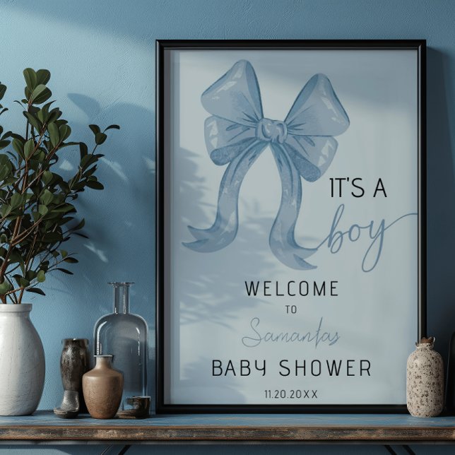 Välkomna till Blue Watercolor Bow Boy Baby Shower Poster (Skapare uppladdad)