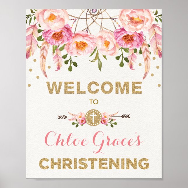 Välkomna till Bohemian Blommigt Christening Rosa & Poster (Framsidan)