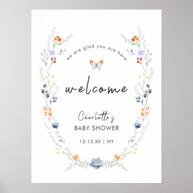 Välkomna till Boho Butterfly WildblomBaby Shower V Poster (Framsidan)
